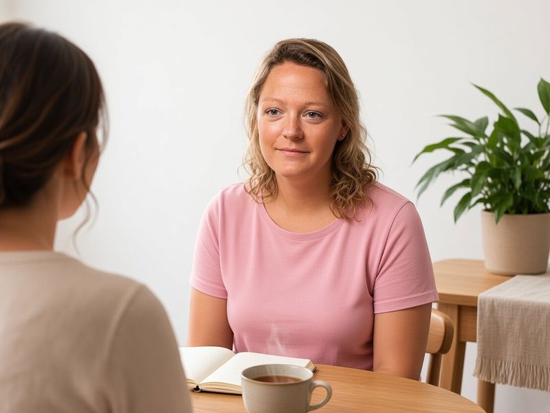 Kiek Bakker luistert naar iemand tijdens een gesprek in de praktijk